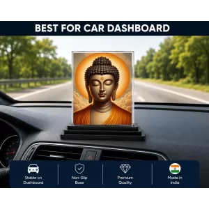 Gautama Buddha Acrylic Car Dashboard Showpiece | Double-Sided Gautama Buddha Photo Stand | 3 X 4 Inch Photo | Transparent Acrylic Frame With Black Base | Car Dashboard, Office & Table Decor (F71685)