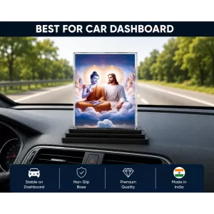 Gautama Buddha And Jesus Christ Acrylic Car Dashboard Showpiece | Double-Sided Gautama Buddha And Jesus Christ Photo Stand | 3 X 4 Inch Photo | Transparent Acrylic Frame With Black Base | Car Dashboard, Office & Table Decor (F71689)