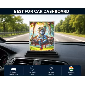 Krishna Acrylic Car Dashboard Showpiece | Double-Sided Krishna Photo Stand | 3 X 4 Inch Photo | Transparent Acrylic Frame With Black Base | Car Dashboard, Office & Table Decor (F71691)