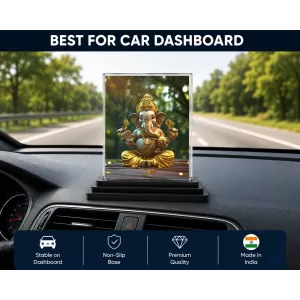 Lord Ganesha Acrylic Car Dashboard Showpiece | Double-Sided Lord Ganesha Photo Stand | 3 X 4 Inch Photo | Transparent Acrylic Frame With Black Base | Car Dashboard, Office & Table Decor (F71700)