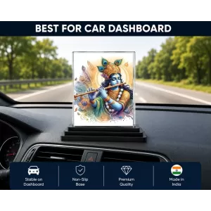 Shree Krishna Acrylic Car Dashboard Showpiece | Double-Sided Shree Krishna Photo Stand | 3 X 4 Inch Photo | Transparent Acrylic Frame With Black Base | Car Dashboard, Office & Table Decor (F71701)