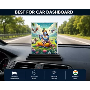 Shree Krishna Acrylic Car Dashboard Showpiece | Double-Sided Shree Krishna Photo Stand | 3 X 4 Inch Photo | Transparent Acrylic Frame With Black Base | Car Dashboard, Office & Table Decor (F71709)