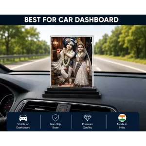Radha Shree Krishna Acrylic Car Dashboard Showpiece | Double-Sided Radha Shree Krishna Photo Stand | 3 X 4 Inch Photo | Transparent Acrylic Frame With Black Base | Car Dashboard, Office & Table Decor (F71719)