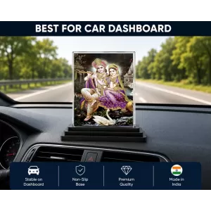 Shree Krishna And Shree Radha Acrylic Car Dashboard Showpiece | Double-Sided Shree Krishna And Shree Radha Photo Stand | 3 X 4 Inch Photo | Transparent Acrylic Frame With Black Base | Car Dashboard, Office & Table Decor (F71725)