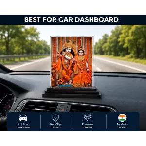 Shree Krishna And Shree Radha Acrylic Car Dashboard Showpiece | Double-Sided Shree Krishna And Shree Radha Photo Stand | 3 X 4 Inch Photo | Transparent Acrylic Frame With Black Base | Car Dashboard, Office & Table Decor (F71728)