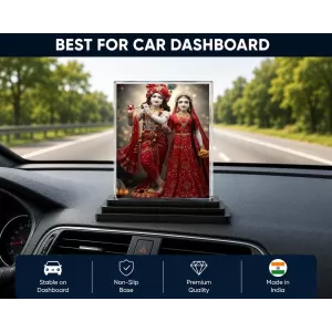 Radha Krishna Acrylic Car Dashboard Showpiece | Double-Sided Radha Krishna Photo Stand | 3 X 4 Inch Photo | Transparent Acrylic Frame With Black Base | Car Dashboard, Office & Table Decor (F71730)