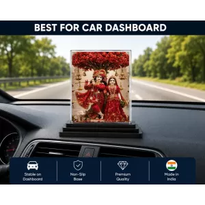 Shree Krishna And Shree Radha Acrylic Car Dashboard Showpiece | Double-Sided Shree Krishna And Shree Radha Photo Stand | 3 X 4 Inch Photo | Transparent Acrylic Frame With Black Base | Car Dashboard, Office & Table Decor (F71738)