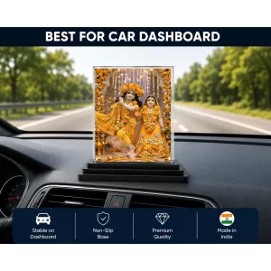 Shree Krishna And Shree Radha Acrylic Car Dashboard Showpiece | Double-Sided Shree Krishna And Shree Radha Photo Stand | 3 X 4 Inch Photo | Transparent Acrylic Frame With Black Base | Car Dashboard, Office & Table Decor (F71756)