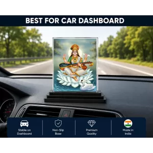 Goddess Saraswati Acrylic Car Dashboard Showpiece | Double-Sided Goddess Saraswati Photo Stand | 3 X 4 Inch Photo | Transparent Acrylic Frame With Black Base | Car Dashboard, Office & Table Decor (F71760)