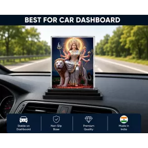 Durga Acrylic Car Dashboard Showpiece | Double-Sided Durga Photo Stand | 3 X 4 Inch Photo | Transparent Acrylic Frame With Black Base | Car Dashboard, Office & Table Decor (F71770)