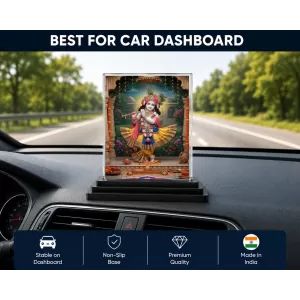 Shree Krishna Acrylic Car Dashboard Showpiece | Double-Sided Shree Krishna Photo Stand | 3 X 4 Inch Photo | Transparent Acrylic Frame With Black Base | Car Dashboard, Office & Table Decor (F71780)