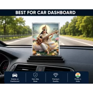 Goddess Saraswati Acrylic Car Dashboard Showpiece | Double-Sided Goddess Saraswati Photo Stand | 3 X 4 Inch Photo | Transparent Acrylic Frame With Black Base | Car Dashboard, Office & Table Decor (F71782)