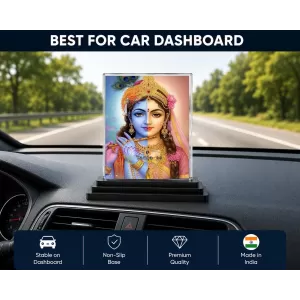 Radha Krishna Acrylic Car Dashboard Showpiece | Double-Sided Radha Krishna Photo Stand | 3 X 4 Inch Photo | Transparent Acrylic Frame With Black Base | Car Dashboard, Office & Table Decor (F71789)