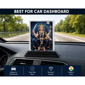 Shani Dev Acrylic Car Dashboard Showpiece | Double-Sided Shani Dev Photo Stand | 3 X 4 Inch Photo | Transparent Acrylic Frame With Black Base | Car Dashboard, Office & Table Decor (F72096)