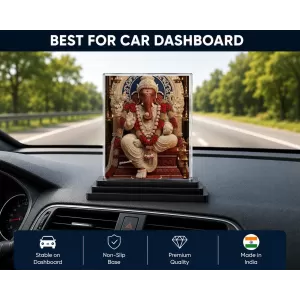 Ganesha Acrylic Car Dashboard Showpiece | Double-Sided Ganesha Photo Stand | 3 X 4 Inch Photo | Transparent Acrylic Frame With Black Base | Car Dashboard, Office & Table Decor (F72133)