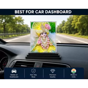 Krishna Acrylic Car Dashboard Showpiece | Double-Sided Krishna Photo Stand | 3 X 4 Inch Photo | Transparent Acrylic Frame With Black Base | Car Dashboard, Office & Table Decor (F72135)
