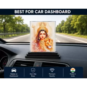 Durga Acrylic Car Dashboard Showpiece | Double-Sided Durga Photo Stand | 3 X 4 Inch Photo | Transparent Acrylic Frame With Black Base | Car Dashboard, Office & Table Decor (F72152)
