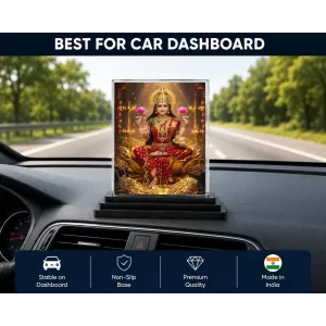 Lakshmi Acrylic Car Dashboard Showpiece | Double-Sided Lakshmi Photo Stand | 3 X 4 Inch Photo | Transparent Acrylic Frame With Black Base | Car Dashboard, Office & Table Decor (F72192)