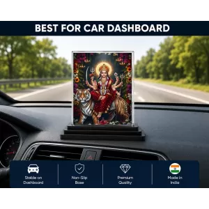 Durga Acrylic Car Dashboard Showpiece | Double-Sided Durga Photo Stand | 3 X 4 Inch Photo | Transparent Acrylic Frame With Black Base | Car Dashboard, Office & Table Decor (F72218)