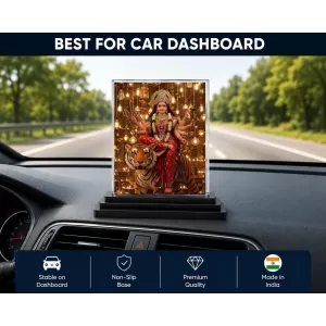 Durga Acrylic Car Dashboard Showpiece | Double-Sided Durga Photo Stand | 3 X 4 Inch Photo | Transparent Acrylic Frame With Black Base | Car Dashboard, Office & Table Decor (F72223)