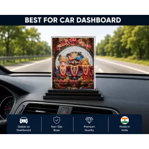 Jagannath, Balabhadra, And Subhadra Acrylic Car Dashboard Showpiece | Double-Sided Jagannath, Balabhadra, And Subhadra Photo Stand | 3 X 4 Inch Photo | Transparent Acrylic Frame With Black Base | Car Dashboard, Office & Table Decor (F72238)