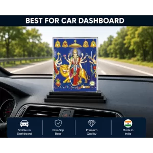 Goddess Durga Acrylic Car Dashboard Showpiece | Double-Sided Goddess Durga Photo Stand | 3 X 4 Inch Photo | Transparent Acrylic Frame With Black Base | Car Dashboard, Office & Table Decor (F72277)