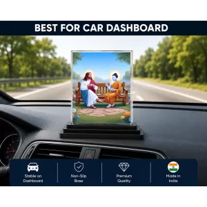Jesus Christ And Shree Yogodananda Acrylic Car Dashboard Showpiece | Double-Sided Jesus Christ And Shree Yogodananda Photo Stand | 3 X 4 Inch Photo | Transparent Acrylic Frame With Black Base | Car Dashboard, Office & Table Decor (F72282)