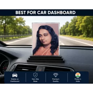 Ramahansa Yogananda Acrylic Car Dashboard Showpiece | Double-Sided Ramahansa Yogananda Photo Stand | 3 X 4 Inch Photo | Transparent Acrylic Frame With Black Base | Car Dashboard, Office & Table Decor (F72284)