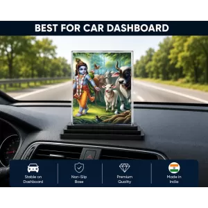 Krishna Acrylic Car Dashboard Showpiece | Double-Sided Krishna Photo Stand | 3 X 4 Inch Photo | Transparent Acrylic Frame With Black Base | Car Dashboard, Office & Table Decor (F72287)