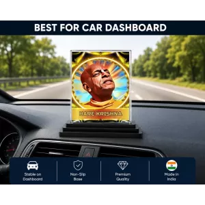 Hare Shree Krishna Acrylic Car Dashboard Showpiece | Double-Sided Hare Shree Krishna Photo Stand | 3 X 4 Inch Photo | Transparent Acrylic Frame With Black Base | Car Dashboard, Office & Table Decor (F72336)