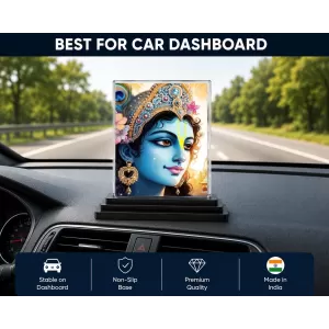 Shree Krishna Acrylic Car Dashboard Showpiece | Double-Sided Shree Krishna Photo Stand | 3 X 4 Inch Photo | Transparent Acrylic Frame With Black Base | Car Dashboard, Office & Table Decor (F72337)