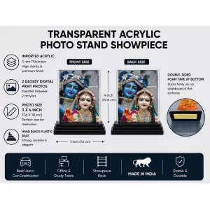 Radha Krishna Acrylic Car Dashboard Showpiece | Double-Sided Radha Krishna Photo Stand | 3 X 4 Inch Photo | Transparent Acrylic Frame With Black Base | Car Dashboard, Office & Table Decor (F70981)