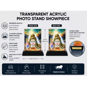 Shiva Acrylic Car Dashboard Showpiece | Double-Sided Shiva Photo Stand | 3 X 4 Inch Photo | Transparent Acrylic Frame With Black Base | Car Dashboard, Office & Table Decor (F70982)