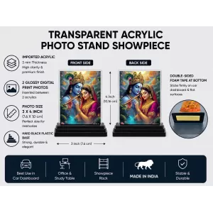 Shree Krishna And Shree Radha Acrylic Car Dashboard Showpiece | Double-Sided Shree Krishna And Shree Radha Photo Stand | 3 X 4 Inch Photo | Transparent Acrylic Frame With Black Base | Car Dashboard, Office & Table Decor (F70987)