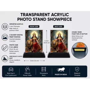 Durga Acrylic Car Dashboard Showpiece | Double-Sided Durga Photo Stand | 3 X 4 Inch Photo | Transparent Acrylic Frame With Black Base | Car Dashboard, Office & Table Decor (F70991)