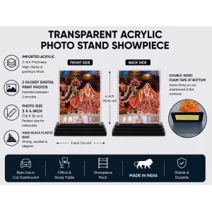 Radha Shree Krishna Acrylic Car Dashboard Showpiece | Double-Sided Radha Shree Krishna Photo Stand | 3 X 4 Inch Photo | Transparent Acrylic Frame With Black Base | Car Dashboard, Office & Table Decor (F71006)