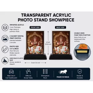 Goddess Saraswati Acrylic Car Dashboard Showpiece | Double-Sided Goddess Saraswati Photo Stand | 3 X 4 Inch Photo | Transparent Acrylic Frame With Black Base | Car Dashboard, Office & Table Decor (F71011)
