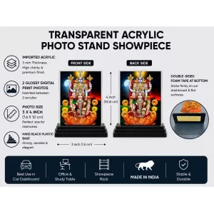 Lord Ganesha Acrylic Car Dashboard Showpiece | Double-Sided Lord Ganesha Photo Stand | 3 X 4 Inch Photo | Transparent Acrylic Frame With Black Base | Car Dashboard, Office & Table Decor (F71012)