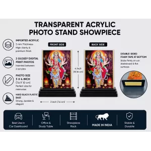 Goddess Durga Acrylic Car Dashboard Showpiece | Double-Sided Goddess Durga Photo Stand | 3 X 4 Inch Photo | Transparent Acrylic Frame With Black Base | Car Dashboard, Office & Table Decor (F71020)