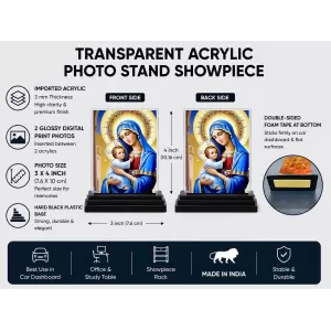 Mary And Jesus Acrylic Car Dashboard Showpiece | Double-Sided Mary And Jesus Photo Stand | 3 X 4 Inch Photo | Transparent Acrylic Frame With Black Base | Car Dashboard, Office & Table Decor (F71036)