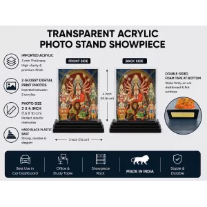Goddess Durga Acrylic Car Dashboard Showpiece | Double-Sided Goddess Durga Photo Stand | 3 X 4 Inch Photo | Transparent Acrylic Frame With Black Base | Car Dashboard, Office & Table Decor (F71079)
