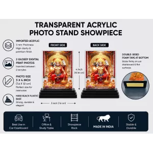 Hanuman Acrylic Car Dashboard Showpiece | Double-Sided Hanuman Photo Stand | 3 X 4 Inch Photo | Transparent Acrylic Frame With Black Base | Car Dashboard, Office & Table Decor (F71102)