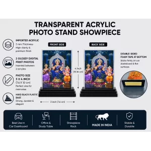 Lord Ganesha Acrylic Car Dashboard Showpiece | Double-Sided Lord Ganesha Photo Stand | 3 X 4 Inch Photo | Transparent Acrylic Frame With Black Base | Car Dashboard, Office & Table Decor (F71106)