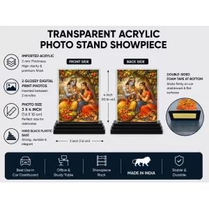 Shree Krishna And Shree Radha Acrylic Car Dashboard Showpiece | Double-Sided Shree Krishna And Shree Radha Photo Stand | 3 X 4 Inch Photo | Transparent Acrylic Frame With Black Base | Car Dashboard, Office & Table Decor (F71108)