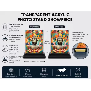The Buddha Acrylic Car Dashboard Showpiece | Double-Sided The Buddha Photo Stand | 3 X 4 Inch Photo | Transparent Acrylic Frame With Black Base | Car Dashboard, Office & Table Decor (F71306) The Buddha Acrylic Car Dashboard Showpiece | Double-Sided The Buddha Photo Stand | 3 X 4 Inch Photo | Transparent Acrylic Frame With Black Base | Car Dashboard, Office & Table Decor (F71306)