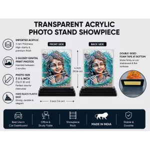 Shree Krishna Acrylic Car Dashboard Showpiece | Double-Sided Shree Krishna Photo Stand | 3 X 4 Inch Photo | Transparent Acrylic Frame With Black Base | Car Dashboard, Office & Table Decor (F71319)
