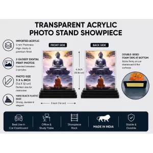 Gautama Buddha Acrylic Car Dashboard Showpiece | Double-Sided Gautama Buddha Photo Stand | 3 X 4 Inch Photo | Transparent Acrylic Frame With Black Base | Car Dashboard, Office & Table Decor (F71322)