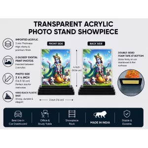 Shree Krishna Acrylic Car Dashboard Showpiece | Double-Sided Shree Krishna Photo Stand | 3 X 4 Inch Photo | Transparent Acrylic Frame With Black Base | Car Dashboard, Office & Table Decor (F71336)
