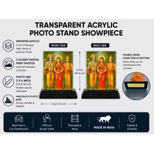 Lord Ram Darbar Acrylic Car Dashboard Showpiece | Double-Sided Lord Ram Darbar Photo Stand | 3 X 4 Inch Photo | Transparent Acrylic Frame With Black Base | Car Dashboard, Office & Table Decor (F71344)