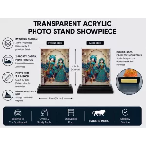 Shree Krishna And Shree Radha Acrylic Car Dashboard Showpiece | Double-Sided Shree Krishna And Shree Radha Photo Stand | 3 X 4 Inch Photo | Transparent Acrylic Frame With Black Base | Car Dashboard, Office & Table Decor (F71351)